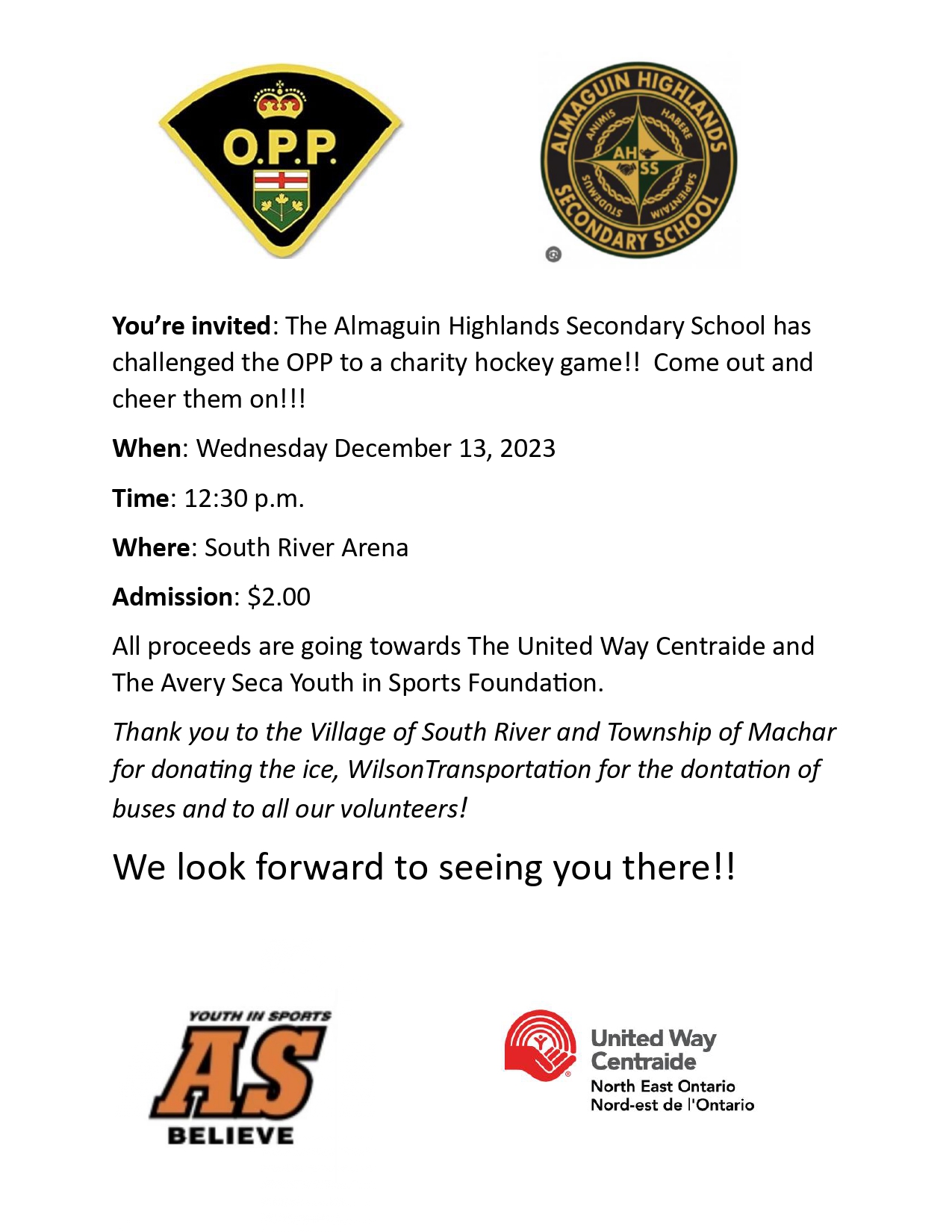Poster Advertising the Almaguin Highlands Secondary School against the OPP in a Hockey match.
